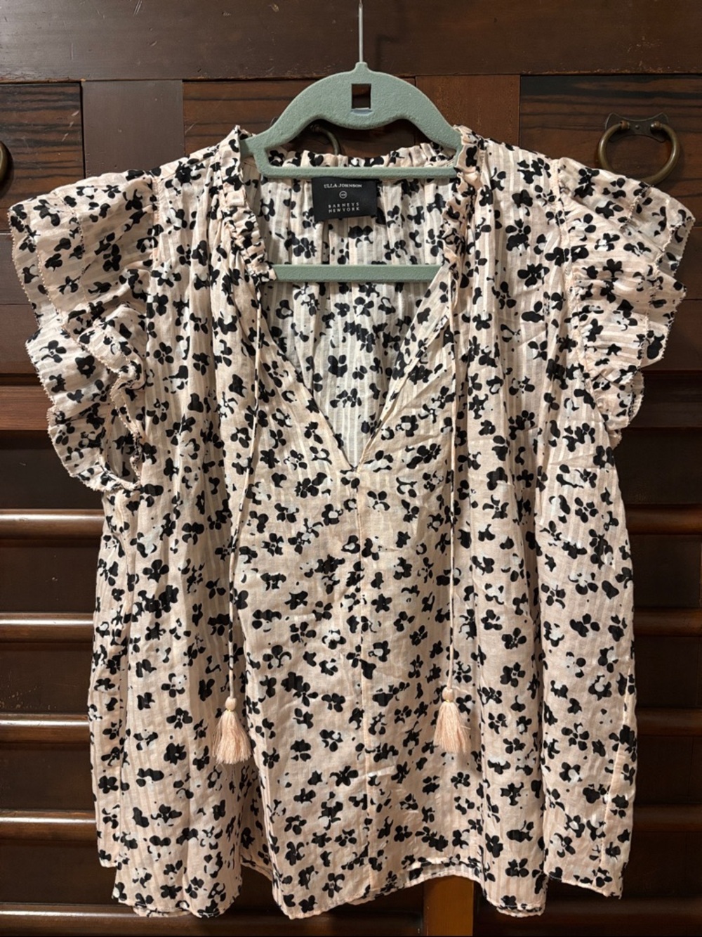 Ulla Johnson Blush Pink Floral Tie-Neck Ruffle Sleeve Top